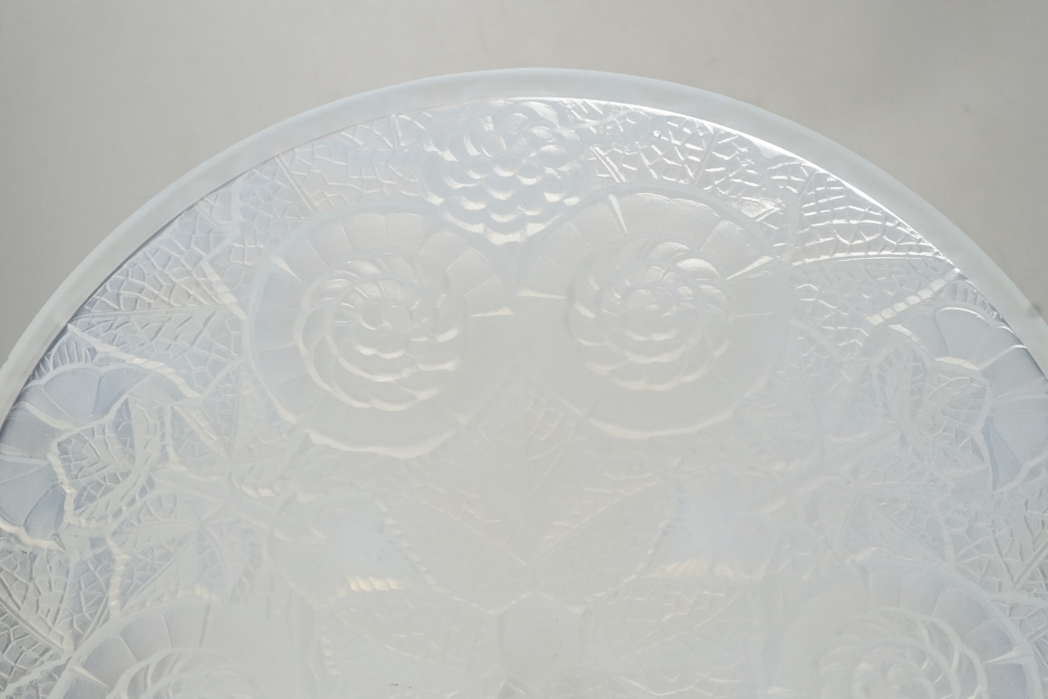 A French Lalique style opalescent glass dish, 32cm